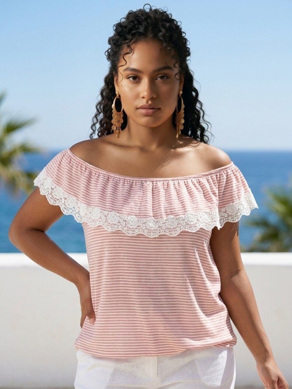 Tommy Hilfiger St Tropez Top XXL Red White Stripe Off Shoulder Ruffle Knit NWT